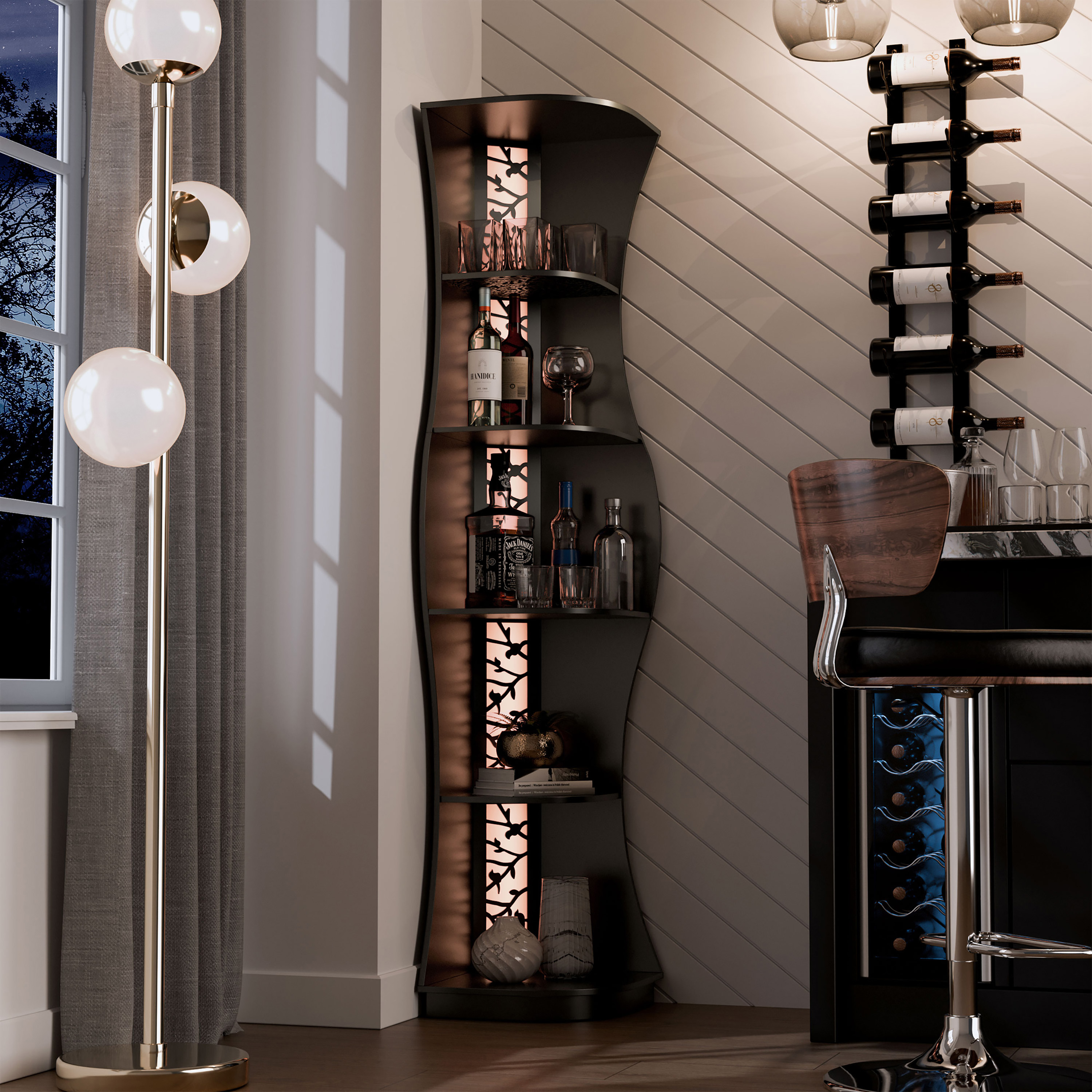 Furniture of America Wilton Adult Contemporary 5-Shelf Corner Bookcase with LED Light, Black Pure