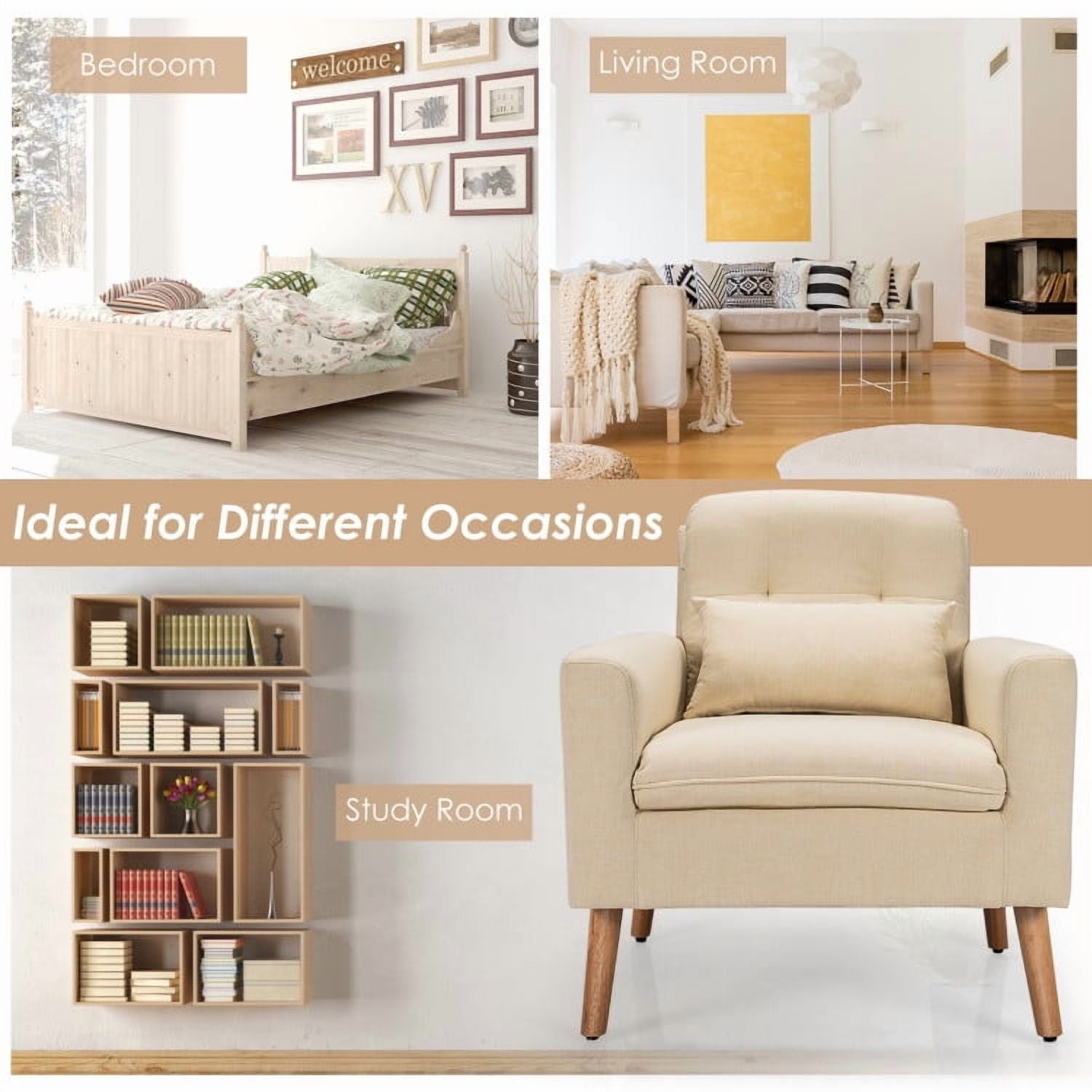 Demi Bonn Upholstered Accent Chair, Modern Comfy Armchair Single Sofa, Linen Fabric Single Sofa Armchair with Waist Pillow, for Living Room, Bedroom, Beige