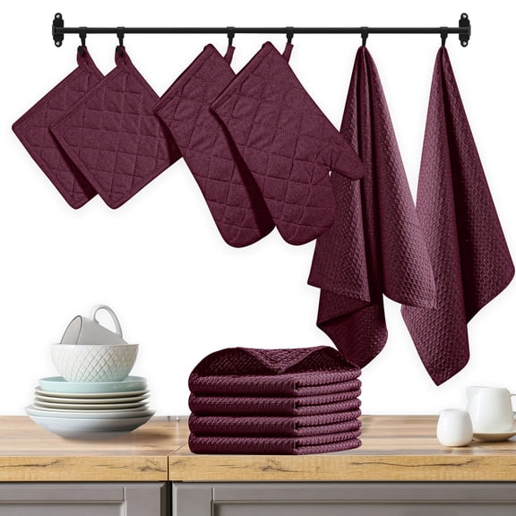 Native Fab 10-Piece Kitchen Set – Features Oven Mitts, Potholders, Kitchen Towels & Dishcloths, Heat Resistant, Durable Cotton, Perfect for Cooking, Baking, and Everyday Kitchen Tasks - Burgundy Wine