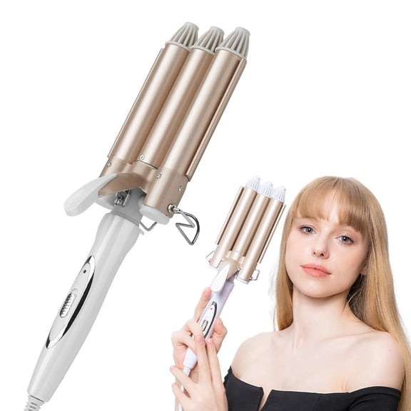 Professional 3 Barrel Hair Waver with Ceramic Tourmaline Coating, Triple Barrel Curling Iron for Instant Beach Waves, 1 Inch Fast PTC Heating Styler with Adjustable Temp for All Hair Types, Gold