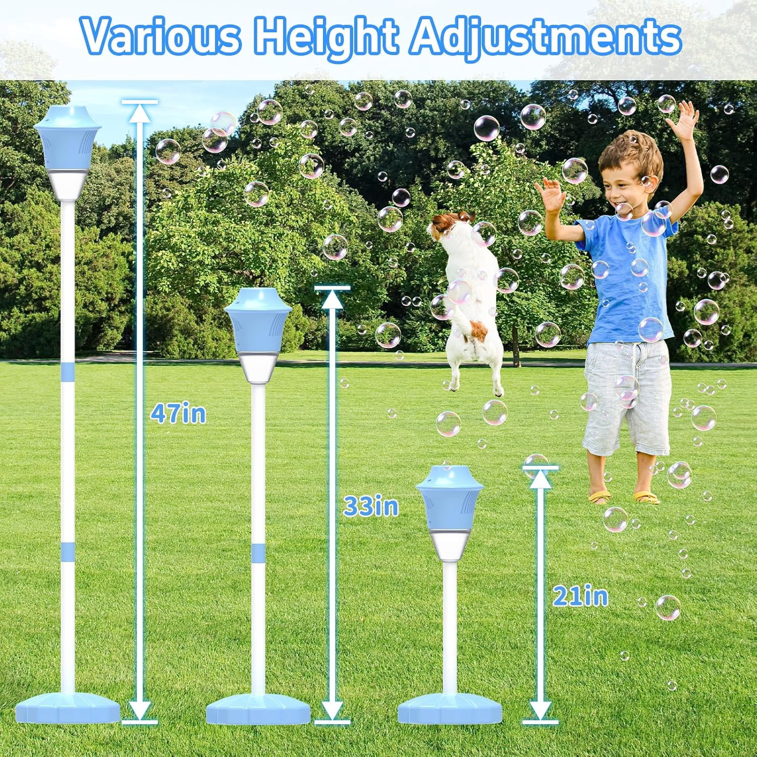 Splashy Surprises Bubble Maker, Automatic Standing Bubble Maker ,47-Inch Vertica,Bubble Stream, Stable Base, Three Adjustable Heights , Accompanied By Music,Ideal For Outdoor Play