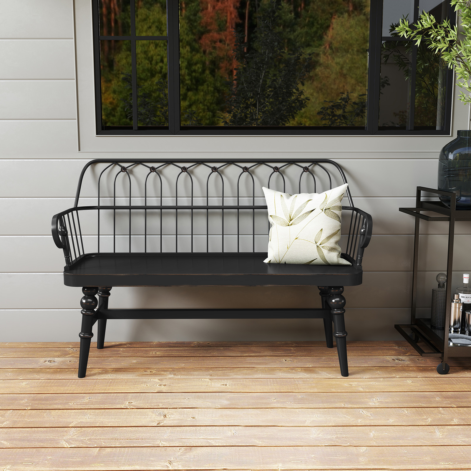 HLR Entryway Bench, Farmhouse Wood with Spindle Back, Black photo 7