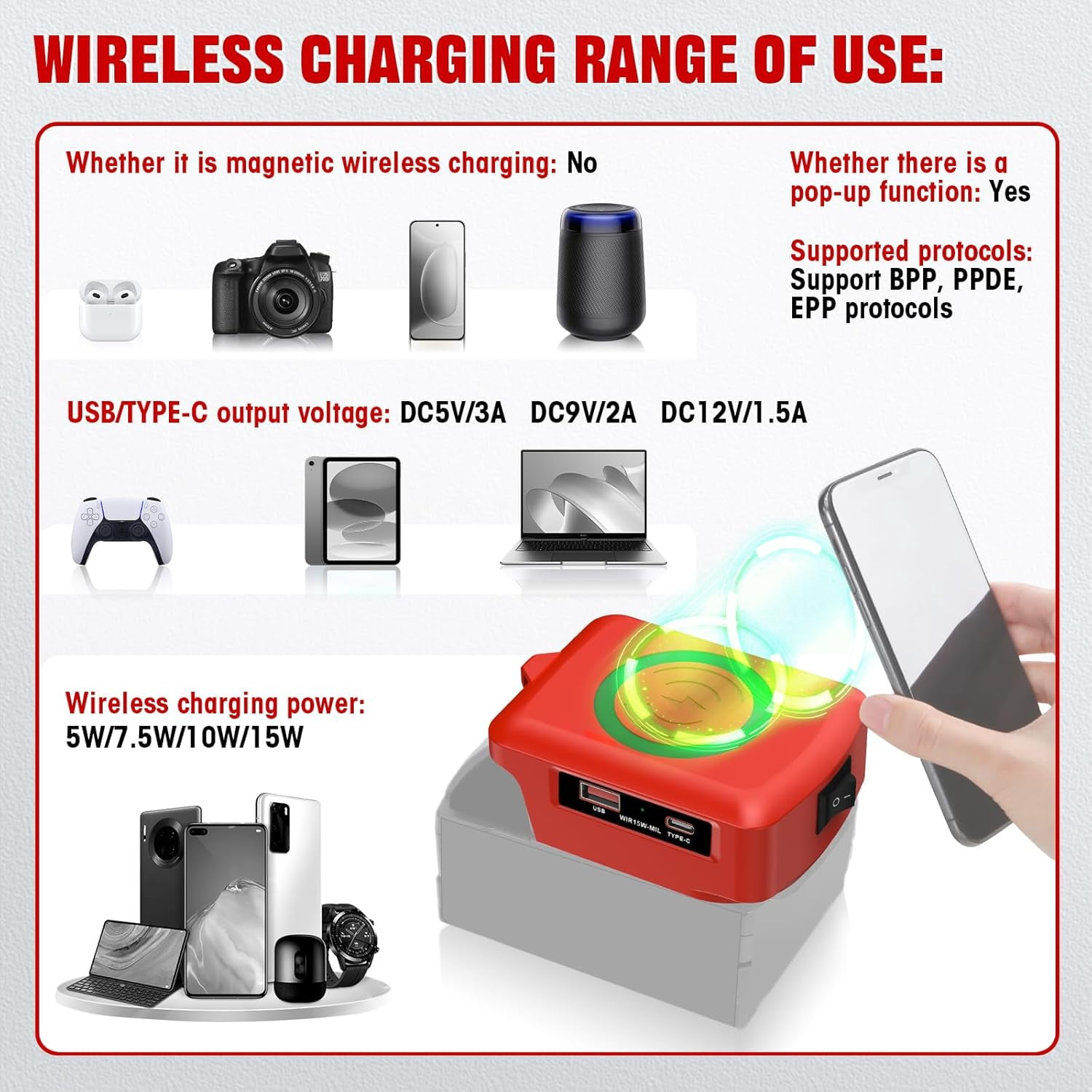 Wireless Charger Adapter,for  Ein*hell 18V Battery,15W Max Wireless Charging Adapter for iPhone for Cell Phone,with USB-A&USB-C 2.1A Fast Charge Ports,Wireless Chargers Using Tool Battery