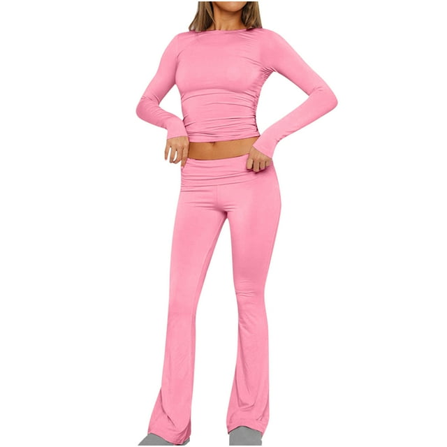 FAIWAD Ensemble Basique 2 Pcs pour Femmes, Haut Court Ajusté à Manches Longues et Pantalon Legging Évasé, Survêtement Extensible