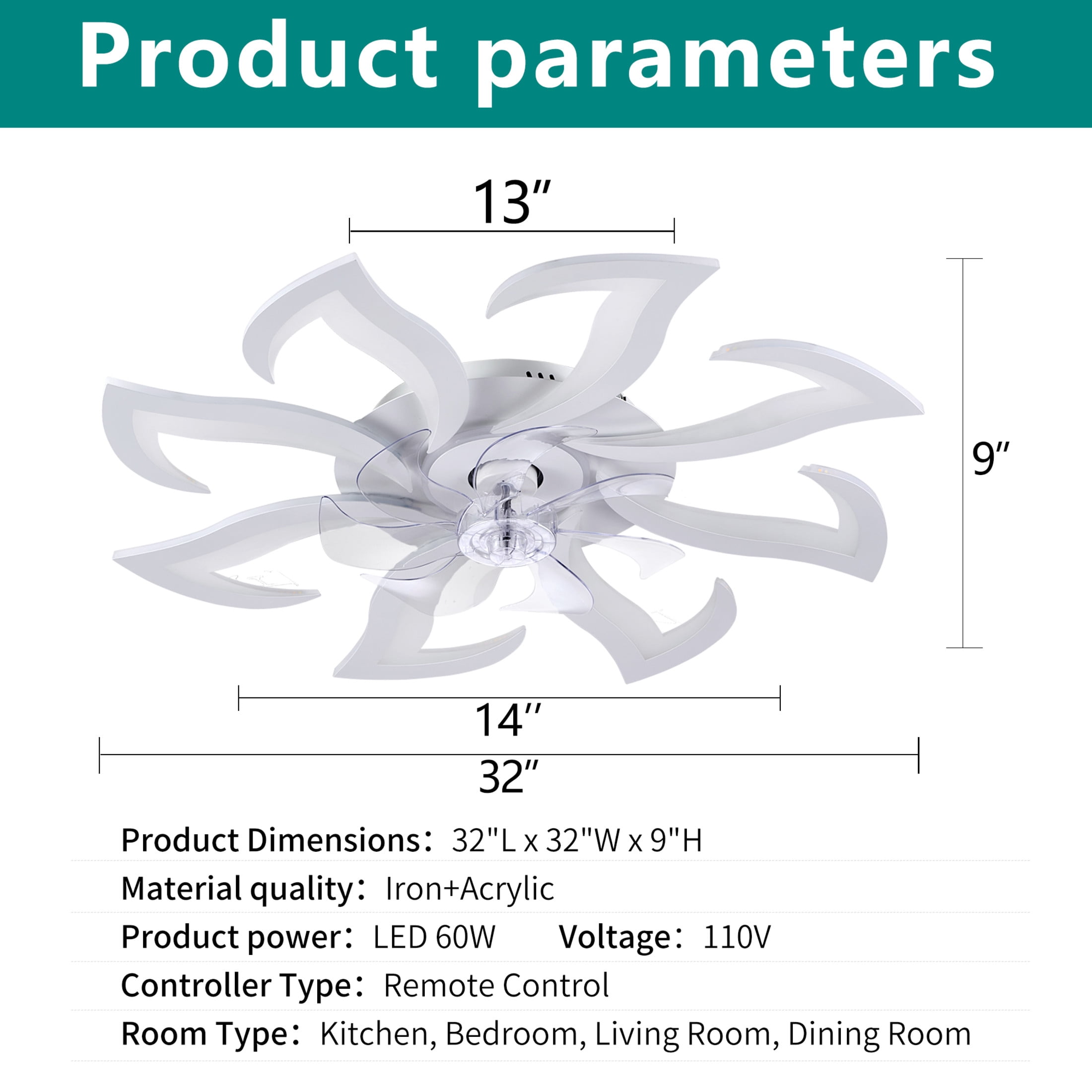 GDF Studio 8-Head Flower Modern Ceiling Fan with LED Lights & Remote Control, Low Profile Flush Mount Fandelier, White