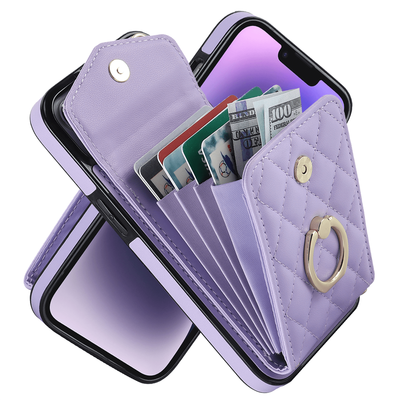 Asuwish Wallet RFID Blocking PU Leather Cell Phone Case with Tempered Glass Screen Protector, Wrist Strap for iPhone 15 Plus, Purple