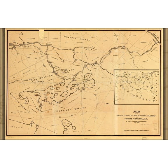 24"x36" Gallery Poster, Map of Boston Concord Railroad new hampshire 1845