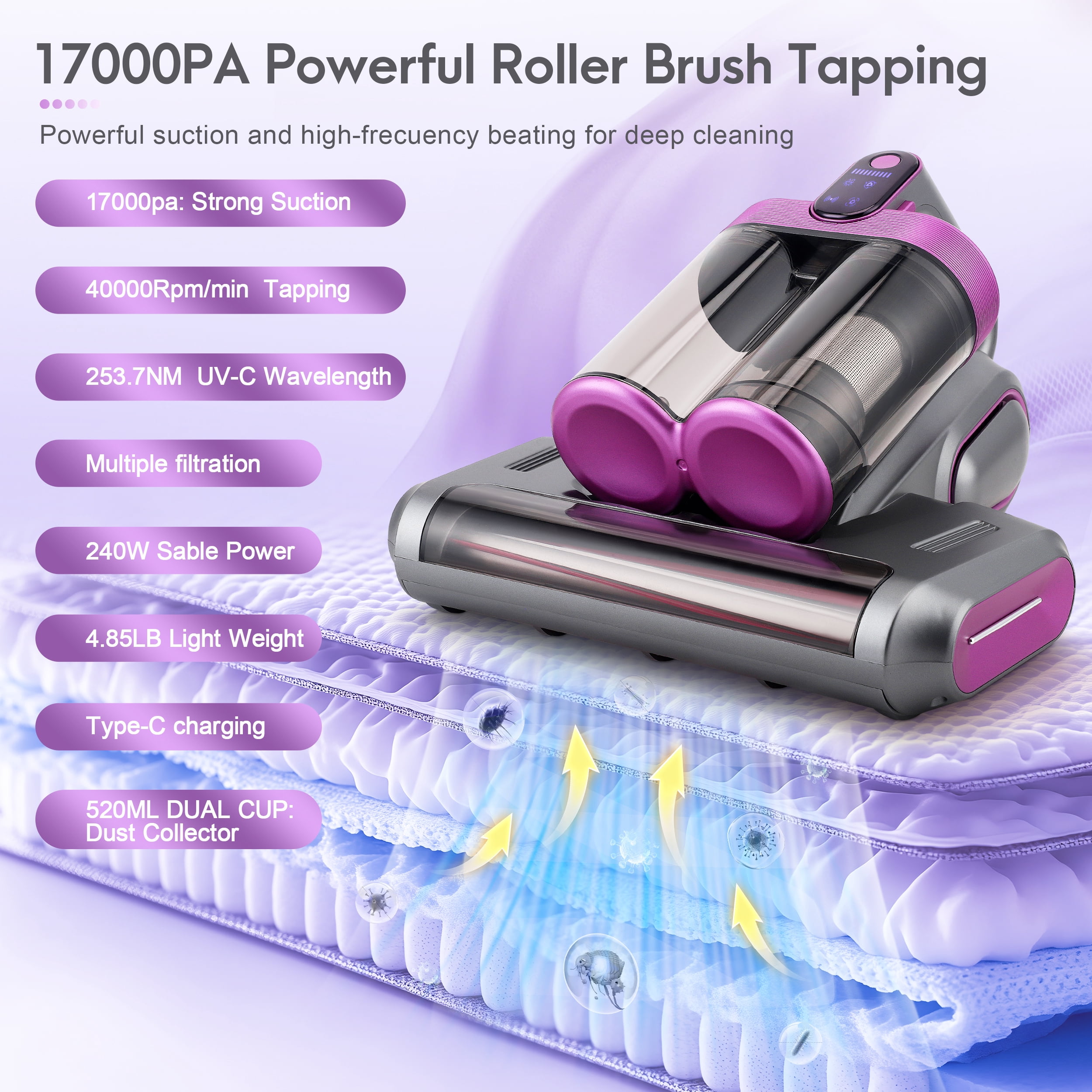 AMTPM 17KPa Cordless Mattress Vacuum Cleaner with UV Care & 40,000RPM Beating - 520ml Dustbin, USB Rechargeable for Bed, Pet Hair, Allergen Removal (Deep Cleaning)