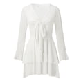 thumbnail image 1 of Robes d'Été pour Femmes 2025 Nœud devant Col en V Volants Manches Longues Imprimé Floral Robe Mini Blanche G, 1 of 4
