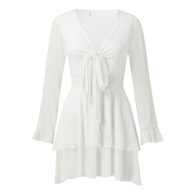 Robes d'Été pour Femmes 2025 Nœud devant Col en V Volants Manches Longues Imprimé Floral Robe Mini Blanche G