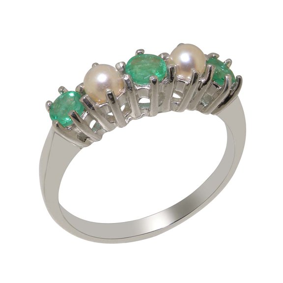 LBG British Made 10k White Gold Natural Emerald & Cultured Pearl Ladies Eternity Ring - 33 size options - Size 10