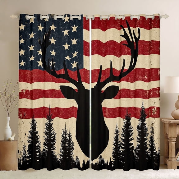 Homewish Safari Deer Silhouette Black Out Curtains,American Flage Pattern Curtains Pack of 2 (42x63 Each),Red Beige Black Bedroom Curtains For Boys Teens,Super Cozy Room Decor