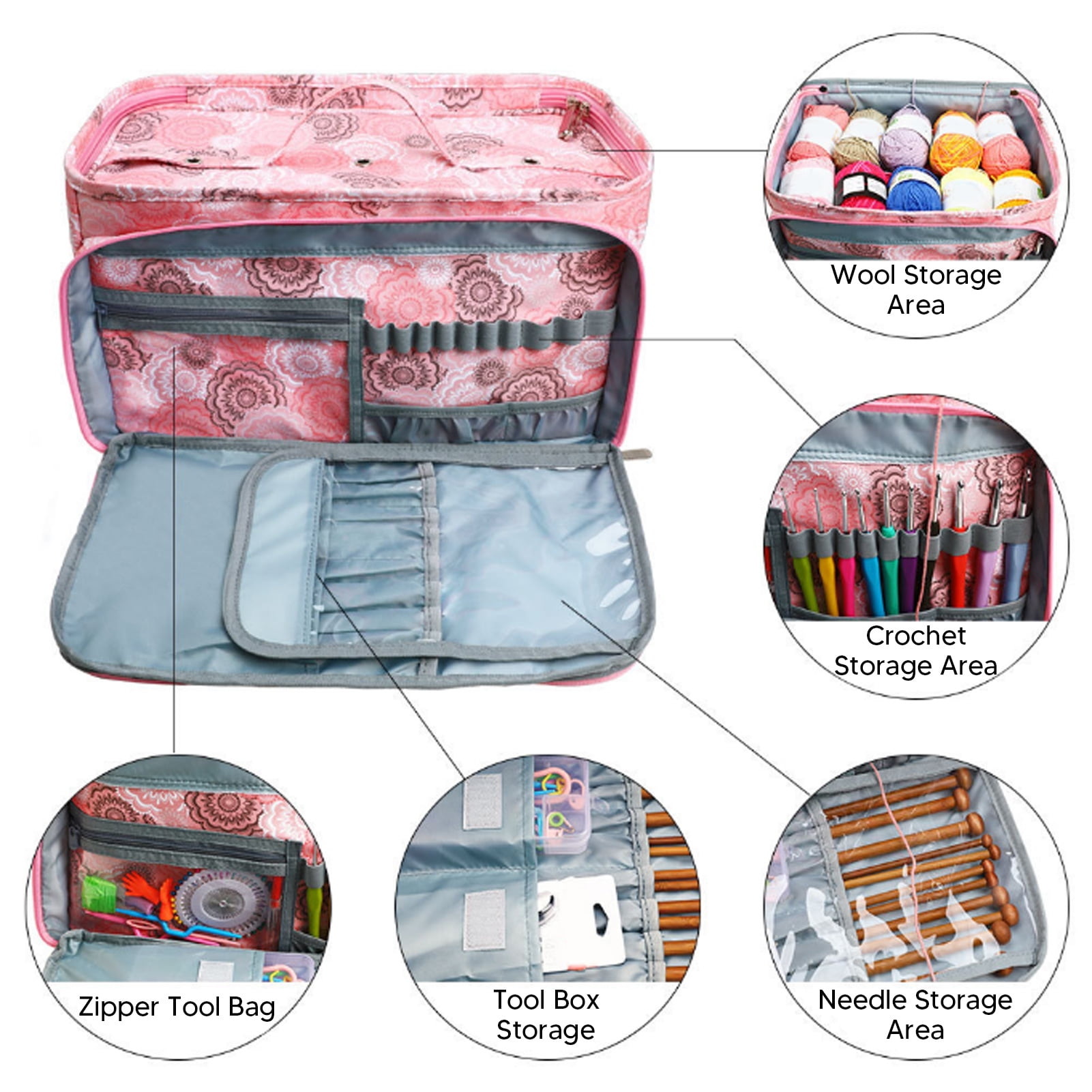 NFTIGB Pink Oxford Cloth Knitting Bag Multifunctional Portable Yarn Crochet Holder Storage Case Organizer for Needles & Sewing Supplies