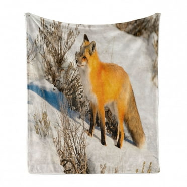 Fox Soft Flannel Fleece Blanket, Red Fox in Nature Snowy Mountain Cold Winter Scenery Wildlife Carnivore Image, Cozy Plush for Indoor and Outdoor Use, 60" x 80", Marigold Brown White, by Ambesonne