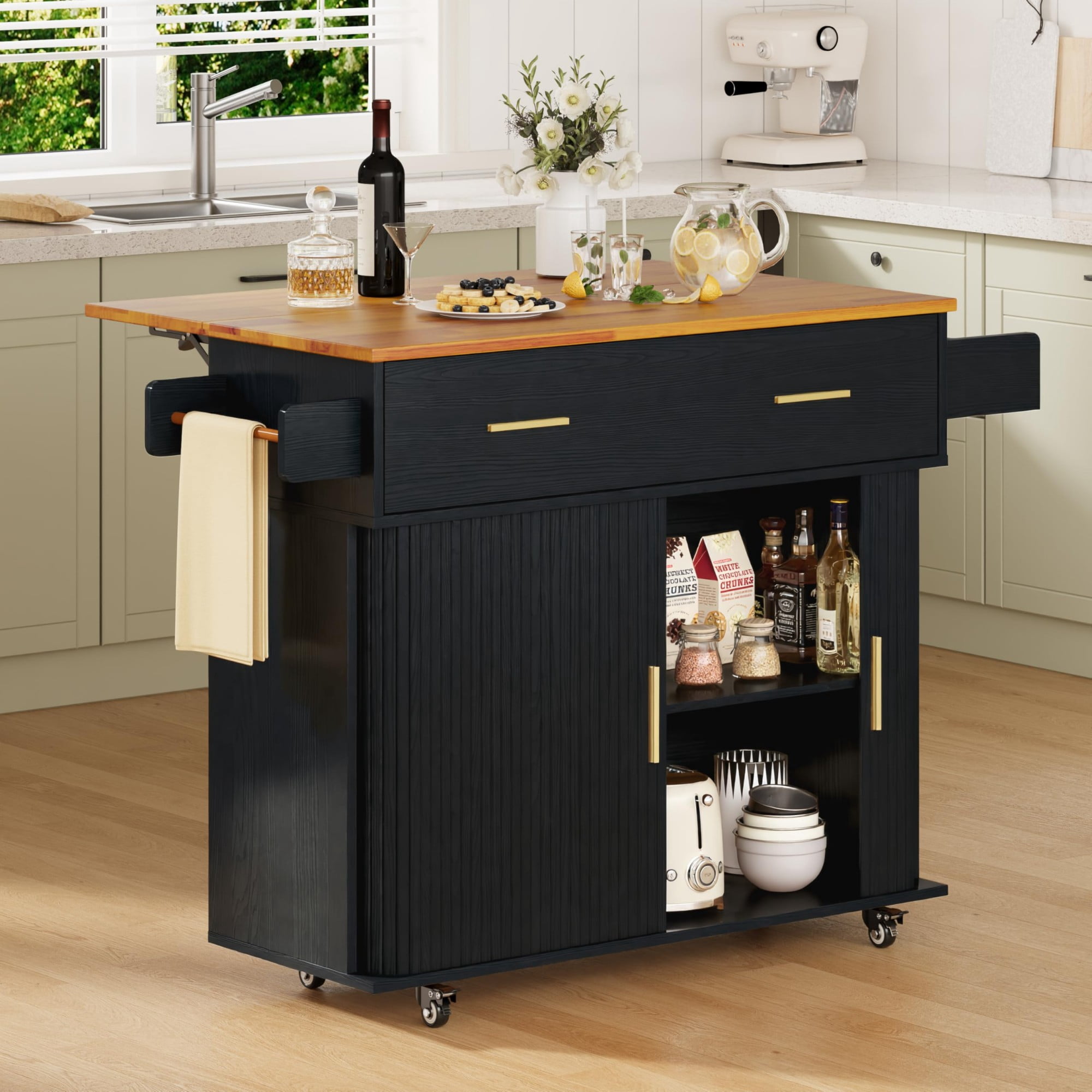 Rolling Kitchen Island Cart with Drop Leaf, Mobile Kitchen Cart on Wheels with Sliding Door, Drawer & Storage Rack, Black