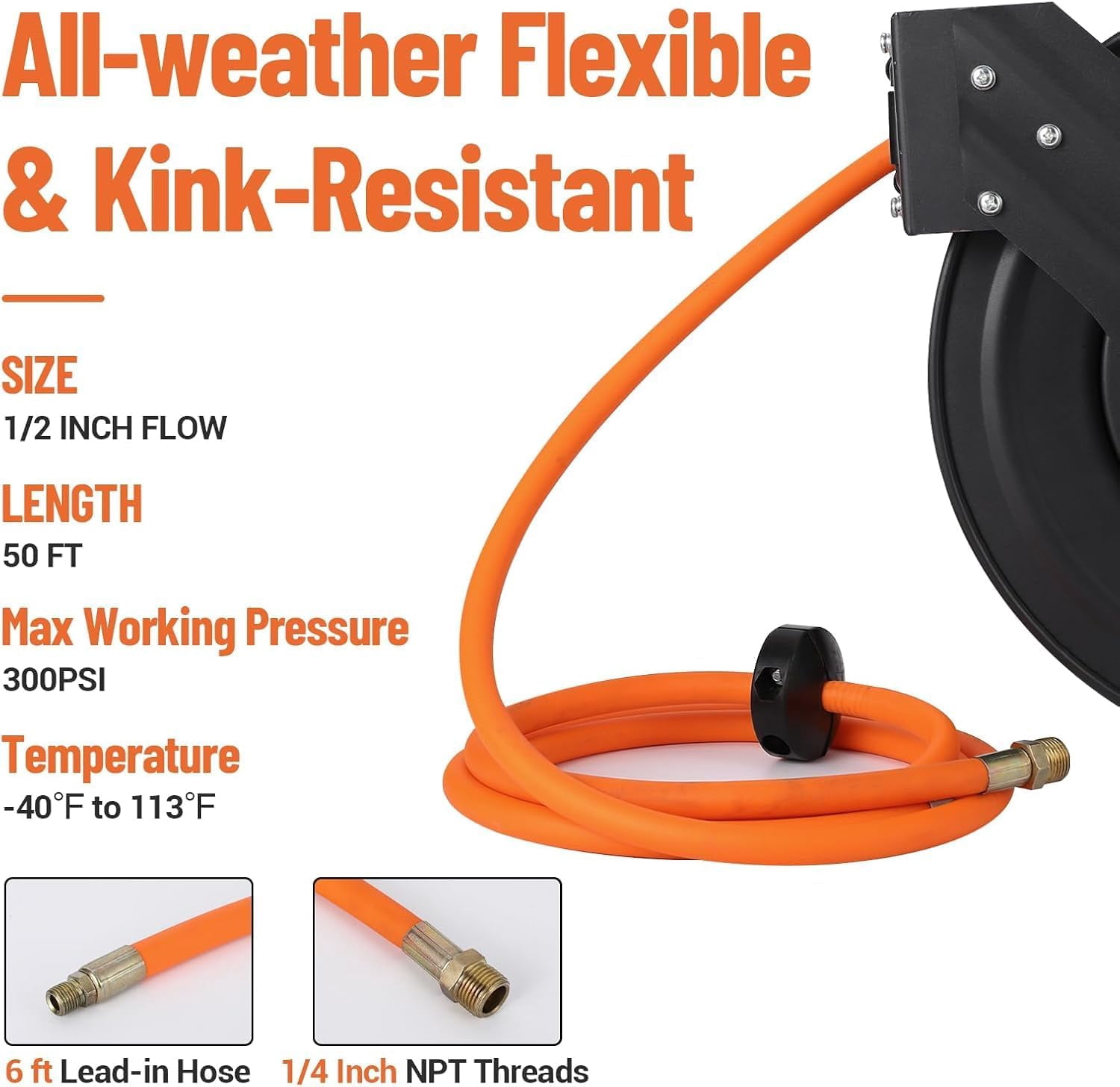 Retractable Air Hose Reel, 1/2 IN x 50 FT Hybrid Polymer Hose Max 300PSI, Double Arm & Auto Rewind Air Compressor Hose Reel Heavy Duty with 5 ft, Ceiling/Wall Mount Enclosed Air Reel Commerica