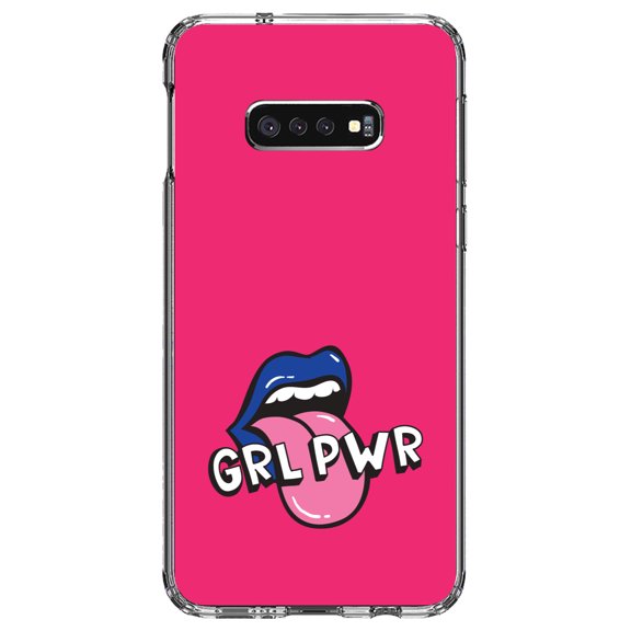 DistinctInk Clear Shockproof Hybrid Case for Samsung Galaxy S10e (5.8" Screen) - TPU Bumper, Acrylic Back, Tempered Glass Screen Protector - Girl Power - GRL PWR - Loud Mouth, Pink & Blue