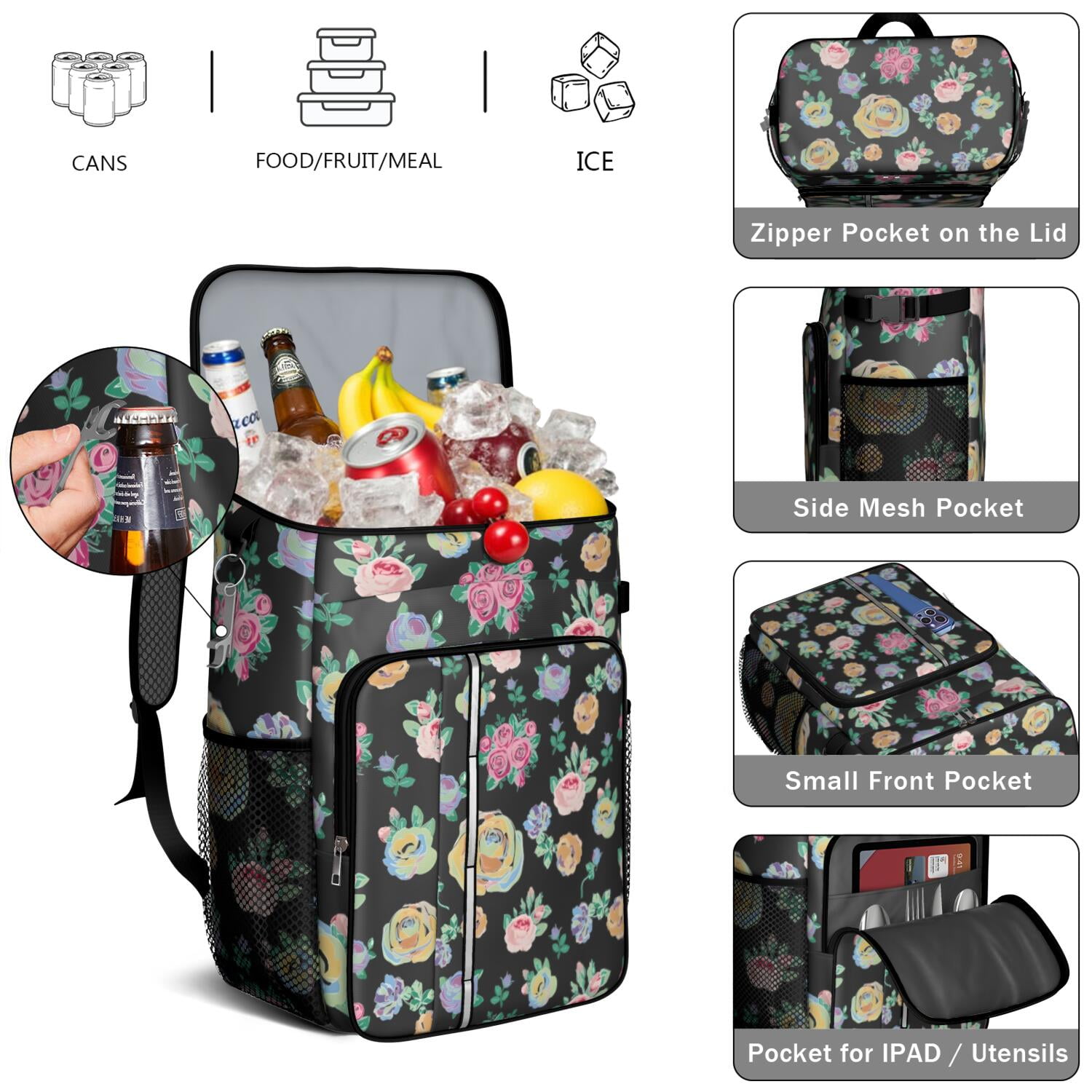 Travel Cooler Bag - Pioneer Flower Floral Print Pattern Camping Beer Cooler Backpack with Bottle Opener- Waterproof Insulated Picnic Backpacks - Cooler Bag for Beach