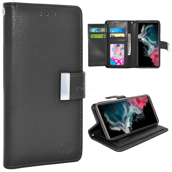 For Samsung Galaxy S22 Ultra 5G / SM-S908 Double Flap Folio Leather Wallet Pouch Shockproof Protective Case Cover Black