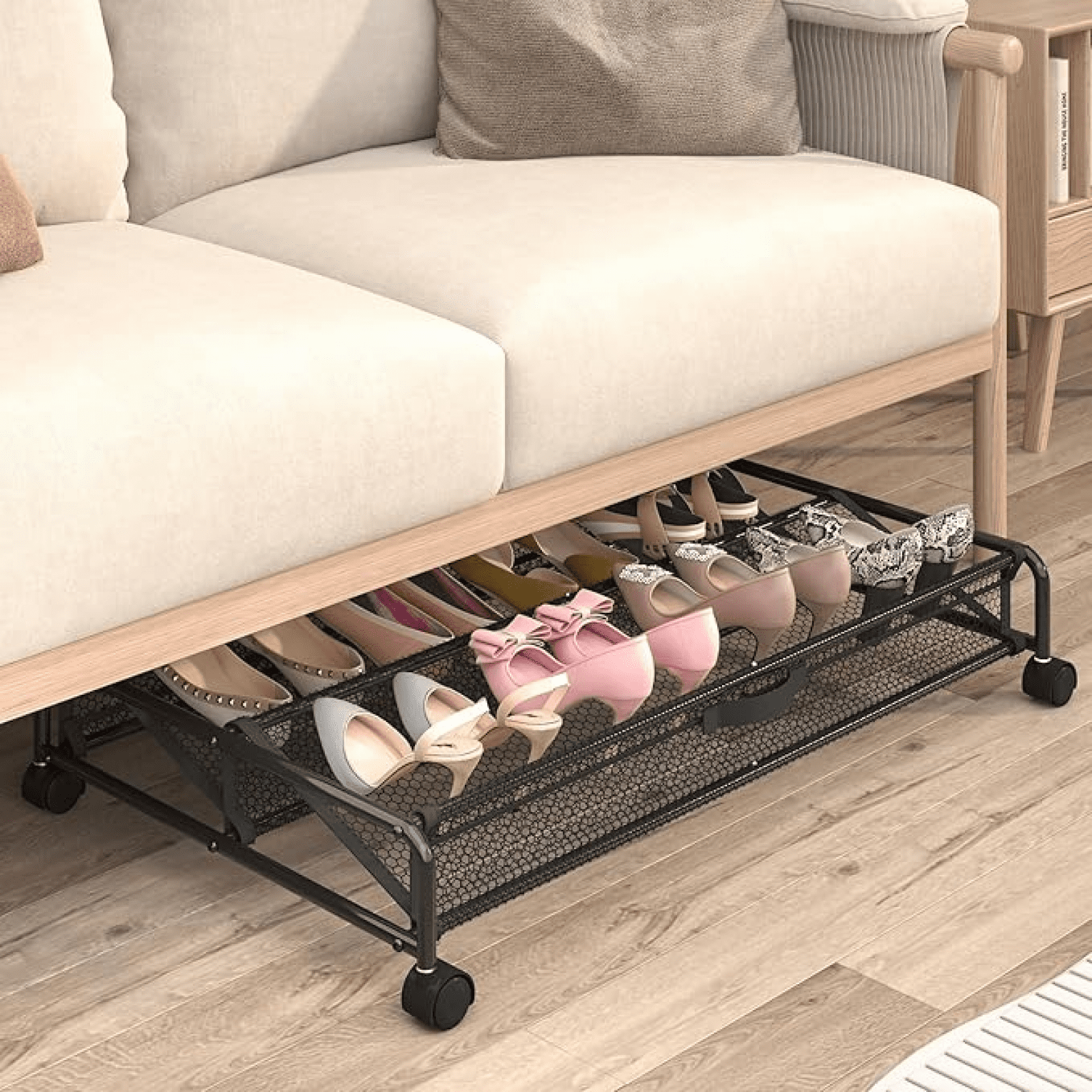 XZKING Under Bed Shoe Storage with Wheels 2 Pack Rolling Under Bed Storage Containers for Shoes Metal Shoe Rack Organizer Bedroom