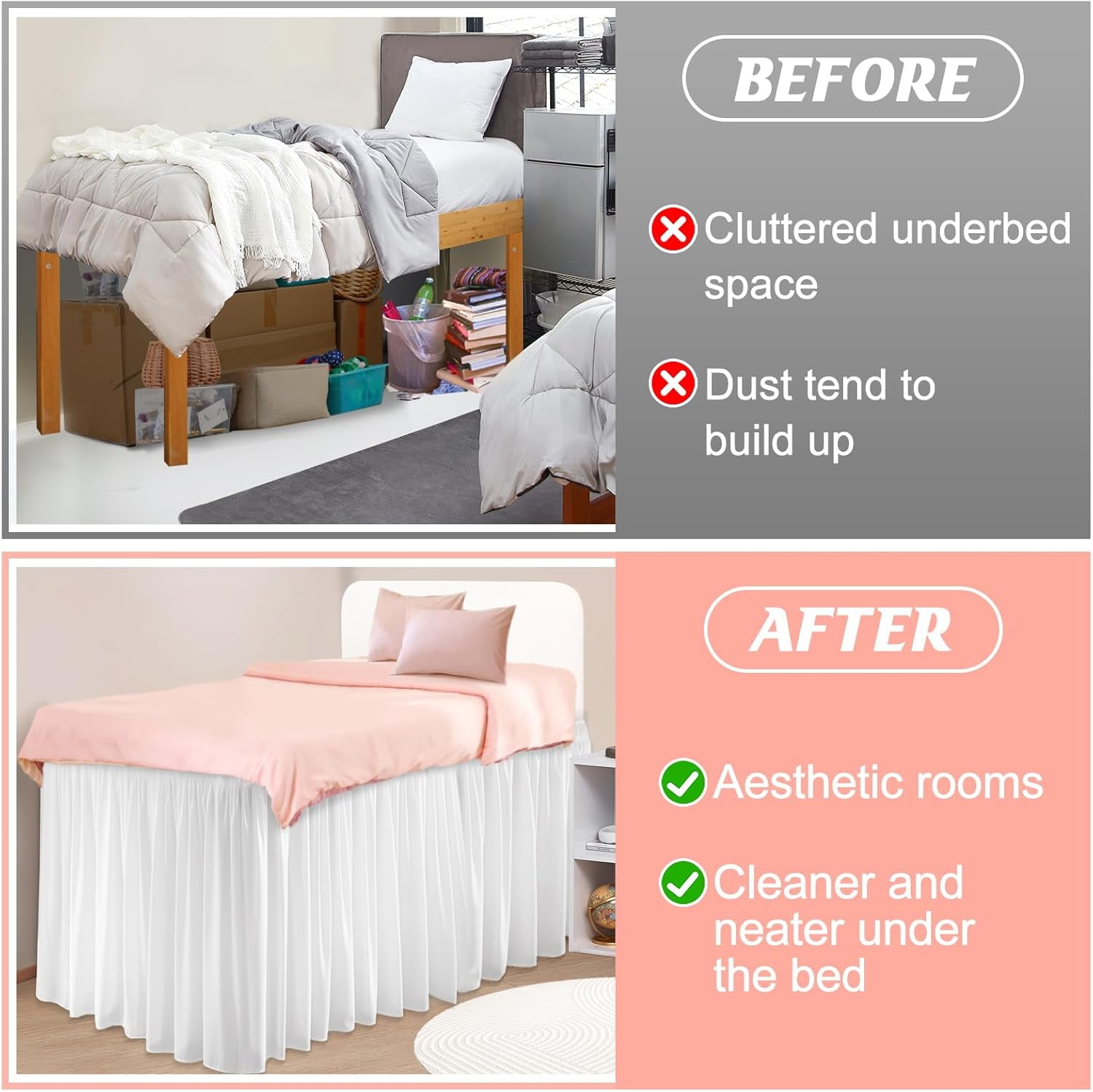 Dorm Bed Skirt for Twin-XL - 42" Drop College Dorm Room Bed Skirt, Pre-Shrunk Fabric Long Bed Skirt, Cute Ruffled Style Dorm Essentials for Students Girl Decoration & Hide The Clutter (White)