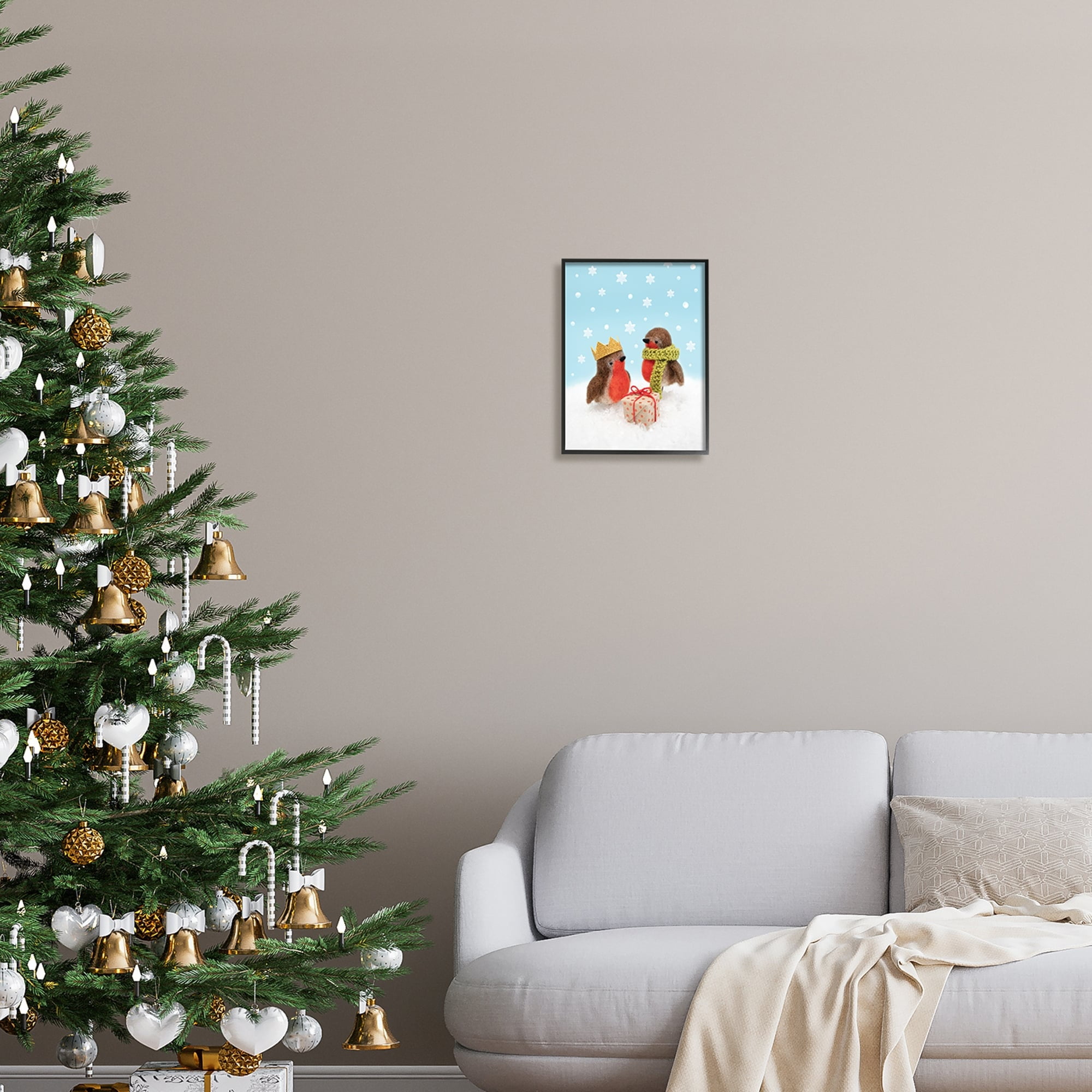 Stupell Industries Birds Gift Giving Christmas Snow Holiday Photography White Framed Art Print Wall Art