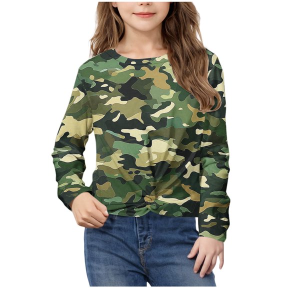 Long Sleeve Kids Shirts Girls Camouflage Print Tops Front Knot Shirt Round Neck Tshirts Casual Blouse Tops
