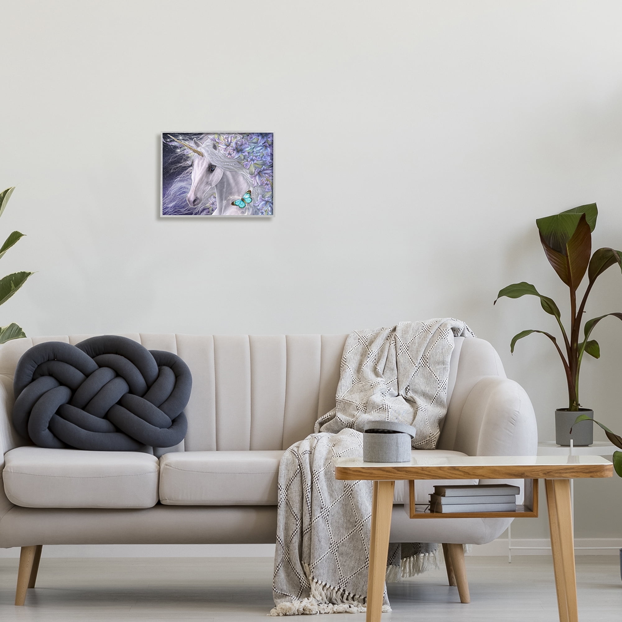 Stupell Industries Lillicorn Purple Floral Unicorn Fairy Tales & Fantasy Painting Gray Framed Art Print Wall Art, 14 x 11