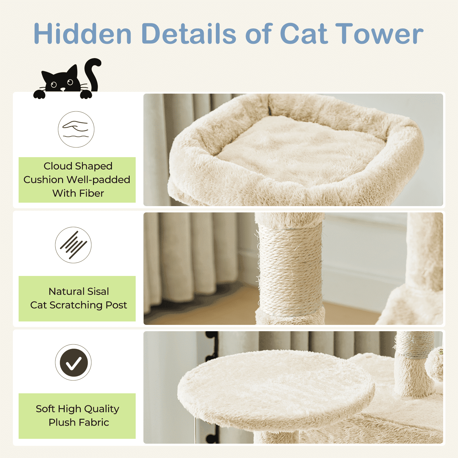 MAYEERTY 44-inch Cat Tree Tower Multi-Cat Climbing Natural Sisal Scratching Posts Extended Platform Hammock