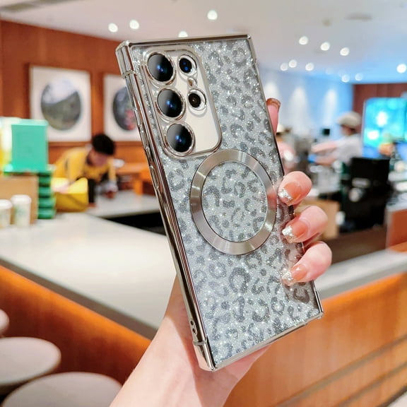 for Samsung Galaxy S25 Ultra Glitter Magnetic Case, Compatible with Mag-Safe, Leopard Pattern Sparkle Paper Plating Bumper Clear Phone Cover Shockproof for Samsung Galaxy S25 Ultra, Silver