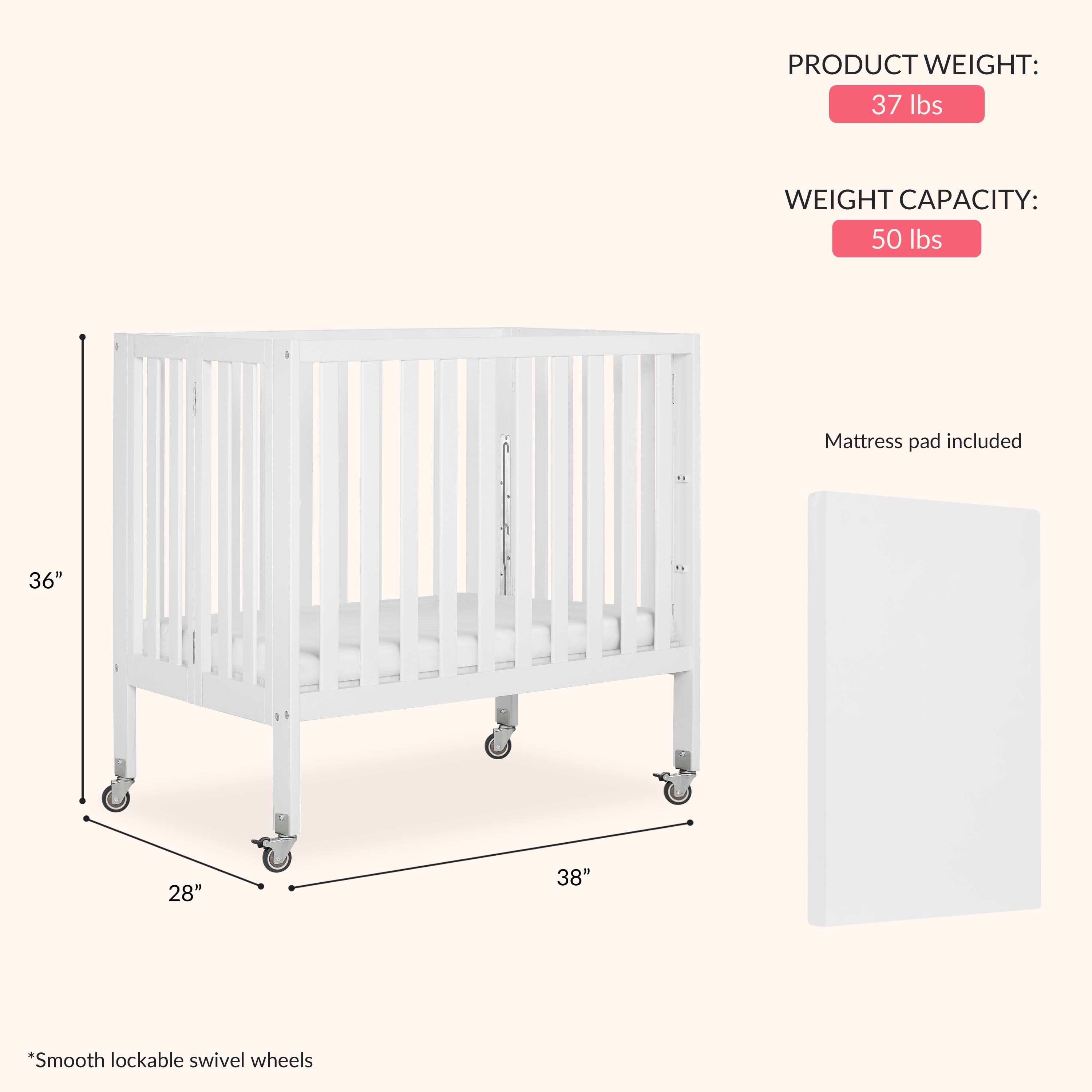 Dream On Me Jett Non-Full Size Folding Crib I Removable Wheels I Modern Nursey I Adjustable Mattress Support I Patent Folding System I Included 2.5” Mattress In White