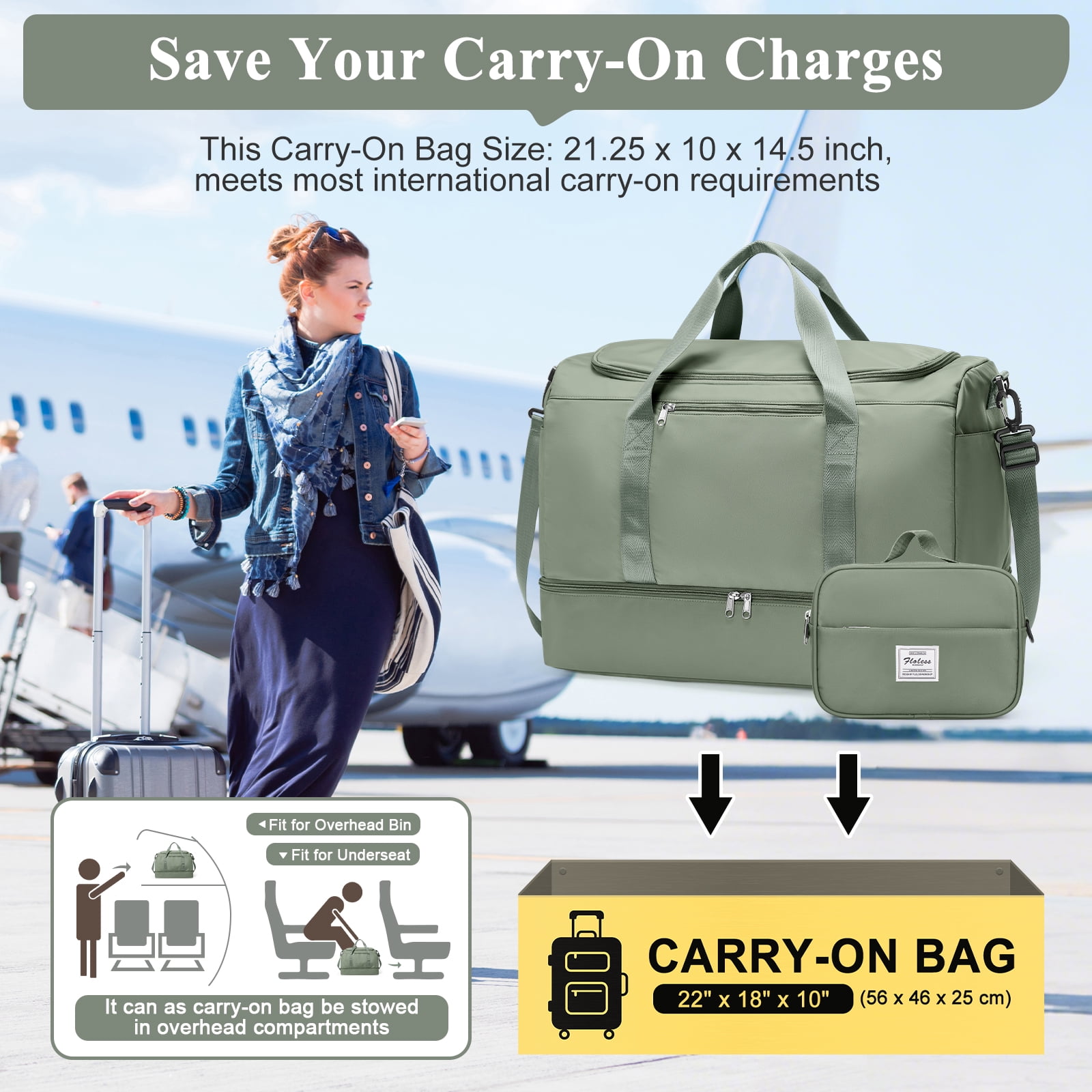 SYCNB Large Travel Duffel Bag, Weekender Overnight Bag for Women, Gym Tote Bag with Shoe Compartment & Toiletry Bag, Carry-On Weekend Bag for Women with Wet Pocket for Travel Business, Green