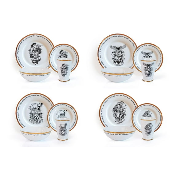 Robe Factory LLC Harry Potter Hogwarts House Logos 16-Piece Dinnerware Set | Ceramic Dish Set