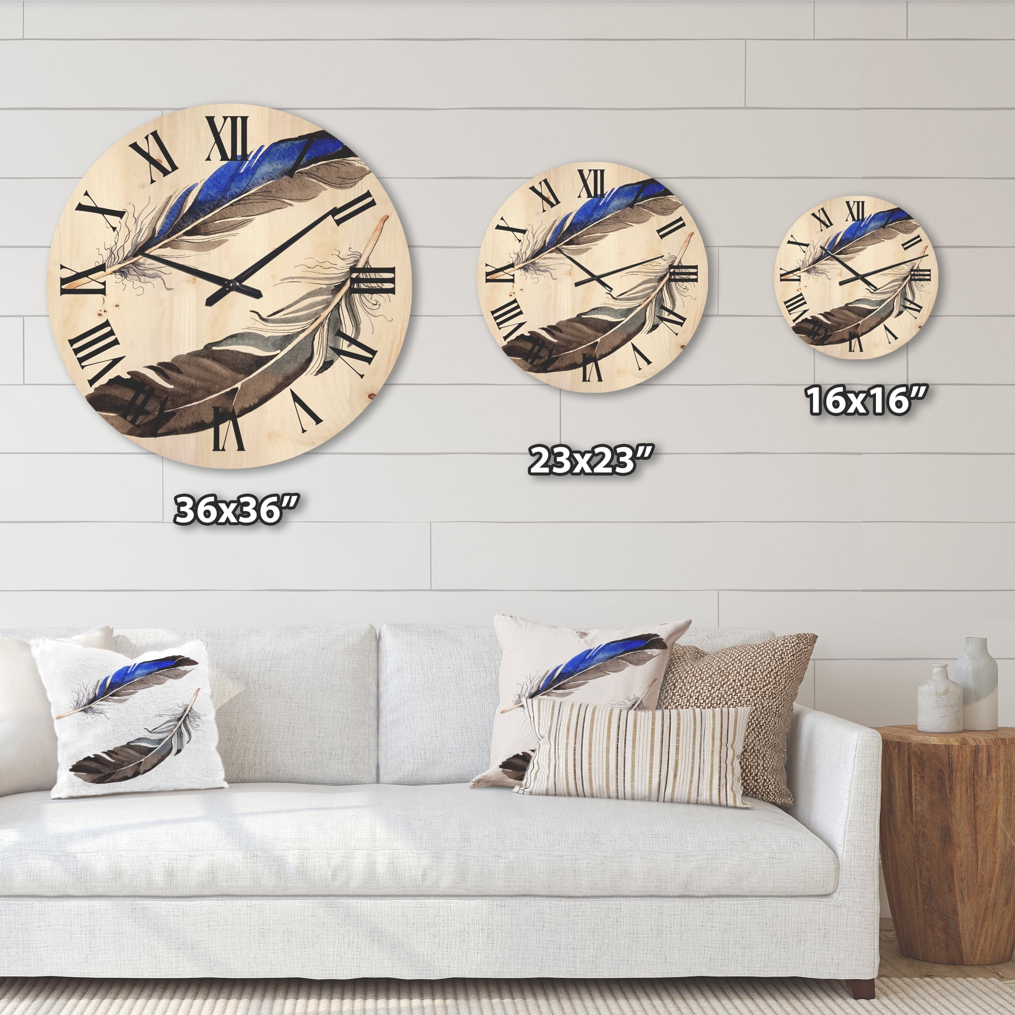 Designart 'Colourful Boho Art Feathers III' Bohemian & Eclectic Wood Wall Clock