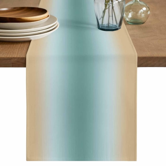 Teal Yellow Ombre Cotton Linen Table Runner for Dining Kitchen, Farmhouse Modern Gradient Art Wedding Outdoor Party Tablerunners Decoration, Dresser Scarf Coffee Tablecloth Runners 13x90 Inches