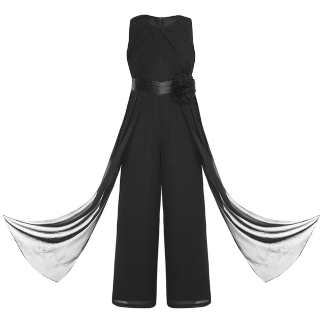 renvena Kids Girls Flower Wedding Party Bodysuit Ruffled Chiffon Pageant Banquet Rompers Summer Wide Leg Pants Jumpsuit Playsuit with Detachable Embellishment Black 10