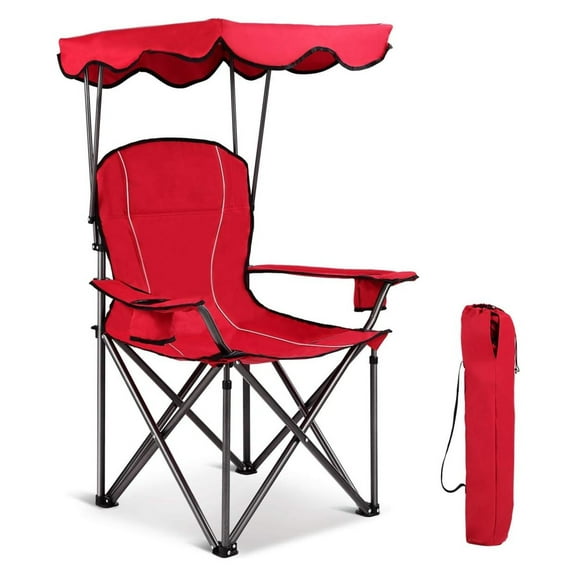 Camping Chair, Folding Outdoor Lawn Chair with Canopy, Carry Bag & Cup Holder, Portable Heavy Duty Camp Chair for Outside Travel, Picnic, Beach Soccer Chairs Red