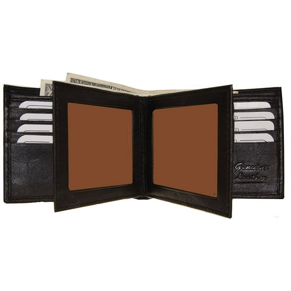 Improving Lifestyles Men's SUN 1225 BK Leather Wallet Black Bifold Fixed Flip 3 Window Id Organza Gift Bag, Black, One S