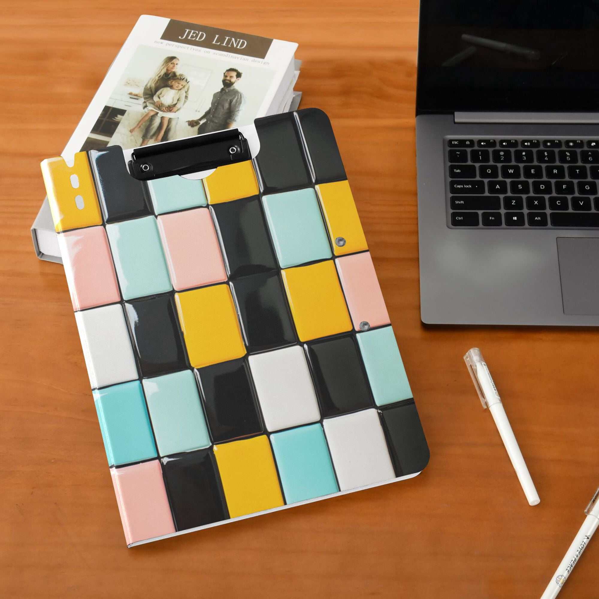 FORMRS A4 Clipboard Folder with Pen Holder Horizontal Foldable School Office Binder, Yellow Checkered Pattern