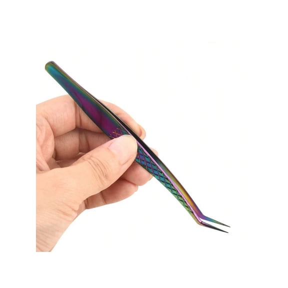 1Pcs Fiber Tip Lash Tweezers For Eyelash Extension Curved Degree Angled Tweezer Best For Volume, Individual Isolation & Classic Lashes Stainless Steel Lash Supplies (Rainbow)