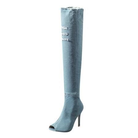 DVKOVI Cowboy Boots for Women Wide Calf Women s Open Toe Shoes Slim High Heel Over Knee High Boots Long Boots Shoes Fall Winter Tall Boots for Women Heel Boots for Women Sky Blue 39