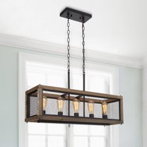 LNC 5-Light Farmhouse Matte Black And Brown Wood Linear Chandelier 32"W