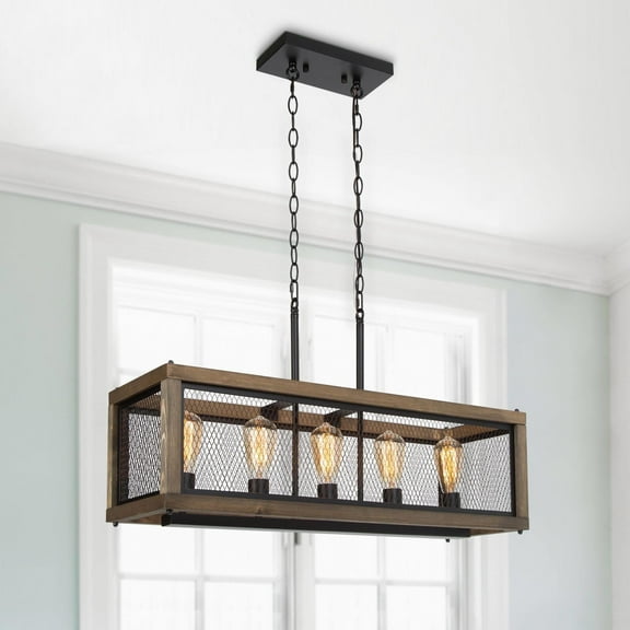 LNC 5-Light Farmhouse Matte Black And Brown Wood Linear Chandelier 32"W