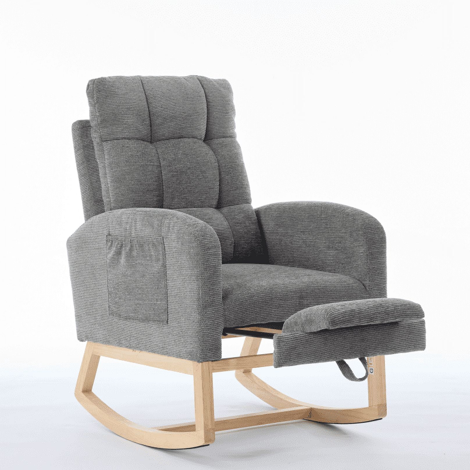 New Nursery Rocking Chair Upholstered Glider Rocker with PP Pillow & Rubber Wood Frame Modern Single Rocking Armchair for Bedroom, Living Room, Balcony, Offices