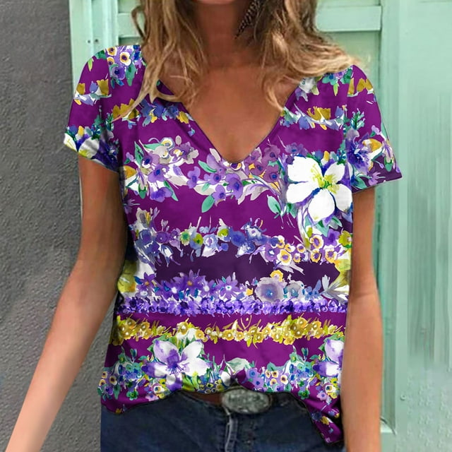 Hauts d'Été Grande Taille pour Femmes, Blouse Imprimée Décontractée, T-Shirts à Manches Courtes Col en V, en Liquidation