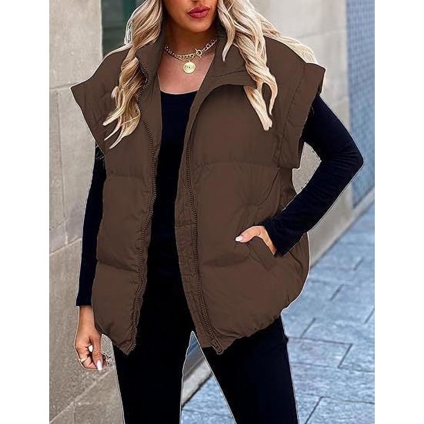 Chaleco acolchado de algodón con bolsillos y cremallera de color liso para mujer, elegante abrigo de viajero con cuello alto a la moda