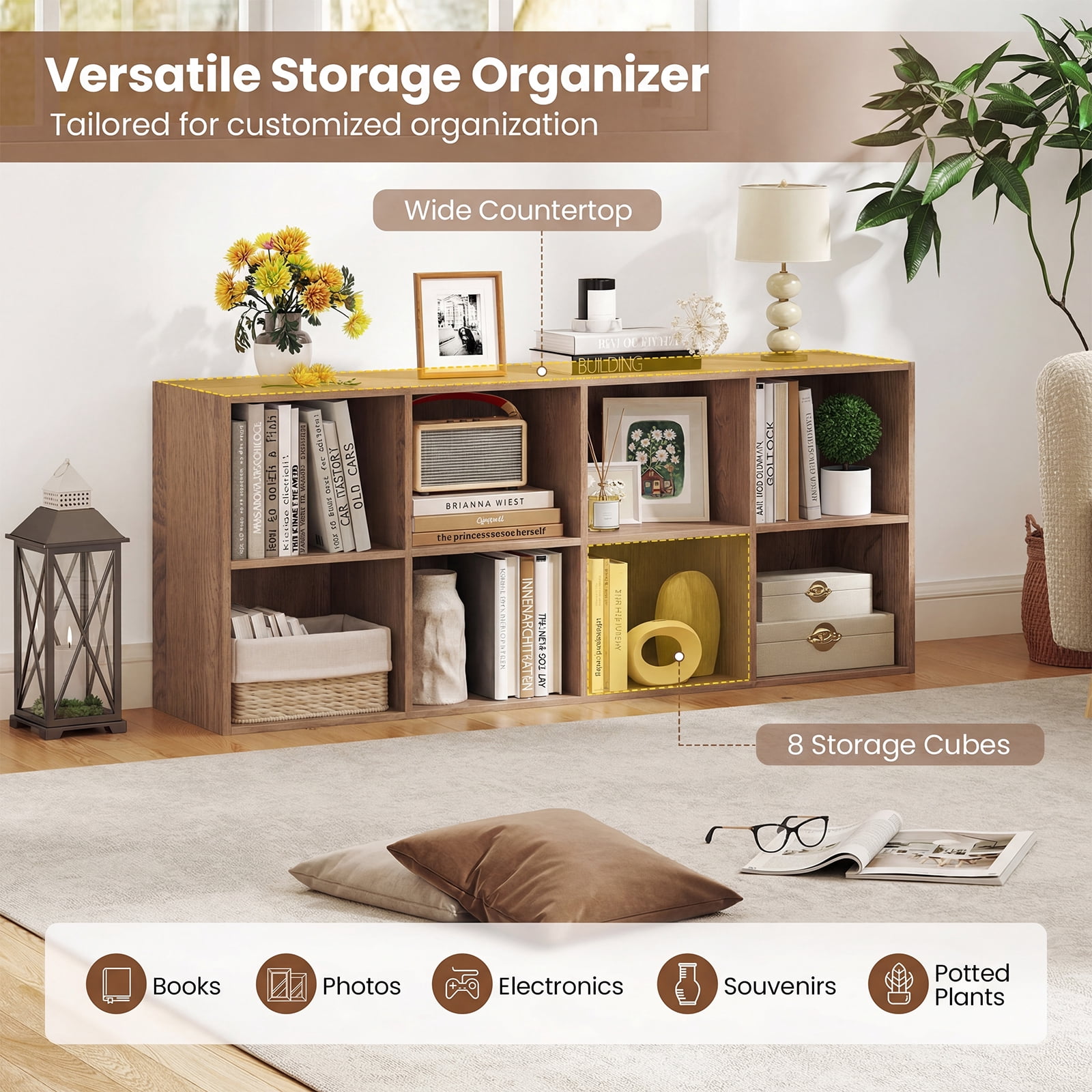 Costway 8-Cube Bookcase Bookshelf with 2 Anti-Tipping Kits Storage Organizer,Natural Natural