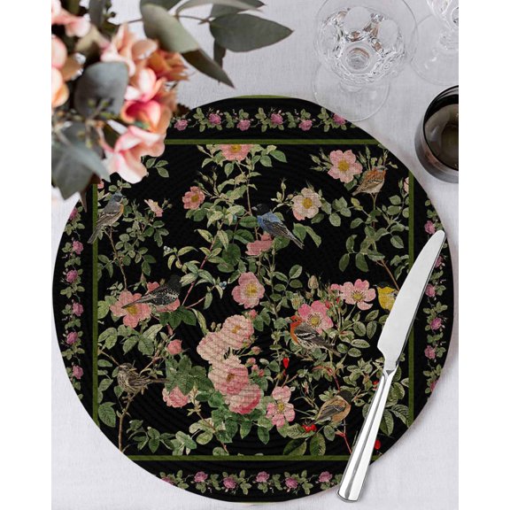 15 Inch Round Placemats Set of 6, Black Spring Floral Non Slip Heat Insulation PP Table Mats, Elegant Pastoral Flowers Birds Retro Art Washable Place Mats for Kitchen Dining Party Table Decor