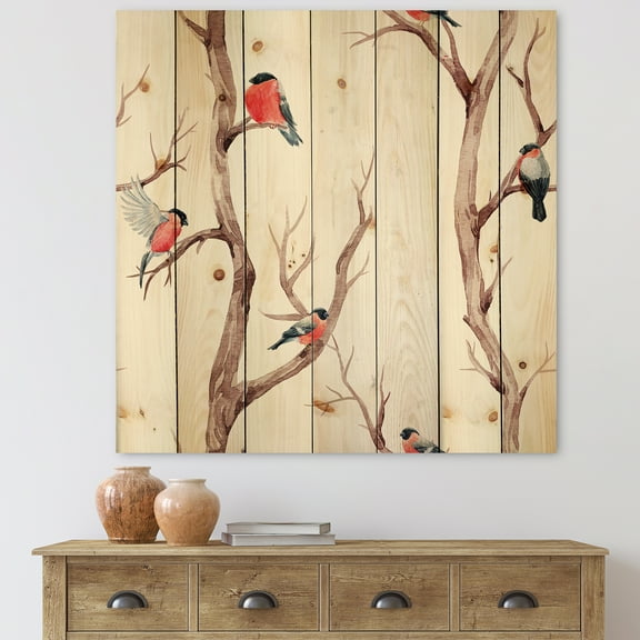 Designart 'Little Birds Sitting On The Tree Branches III' Traditional Print on Natural Pine Wood