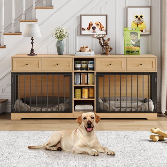 Double Dog Crate Furniture for 2 Dogs, 82” Heavy Duty Wooden Kennel & TV Stand with 4 Drawers & Shelves, Large Indoor Pet House and Storage Cabinet, Natural